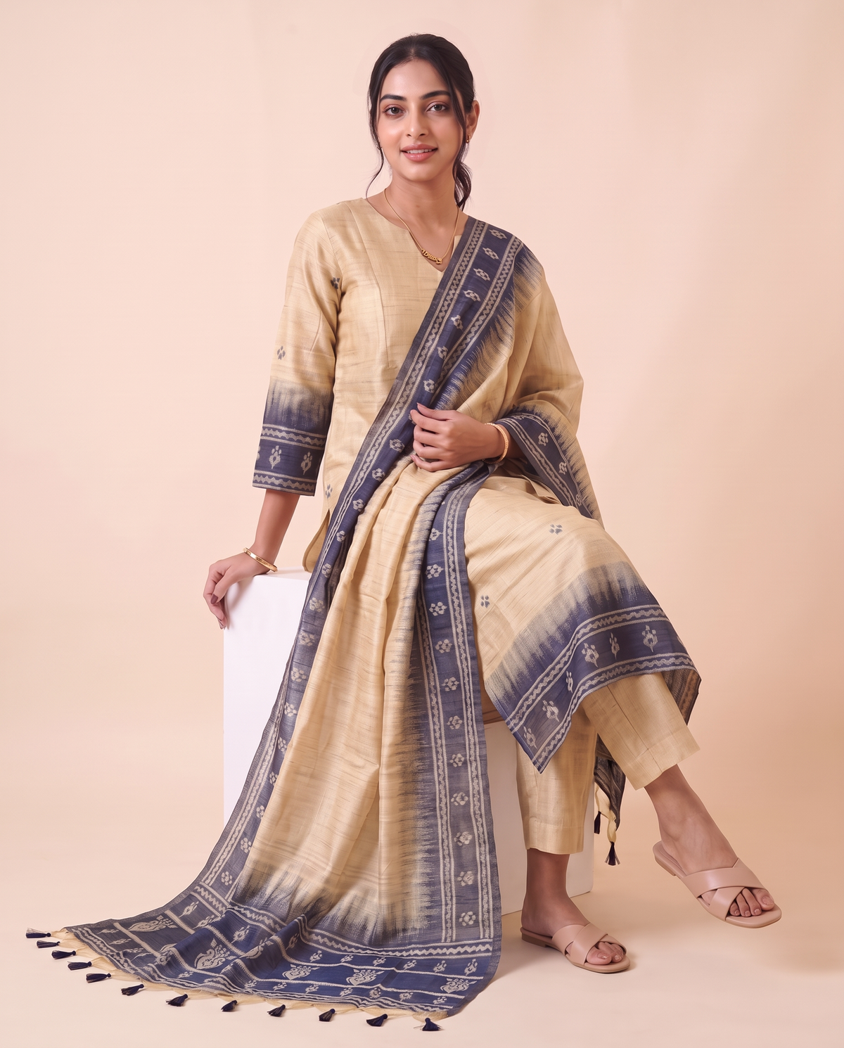 Solene Off-White Muga Cotton Stitched Suit Sets
