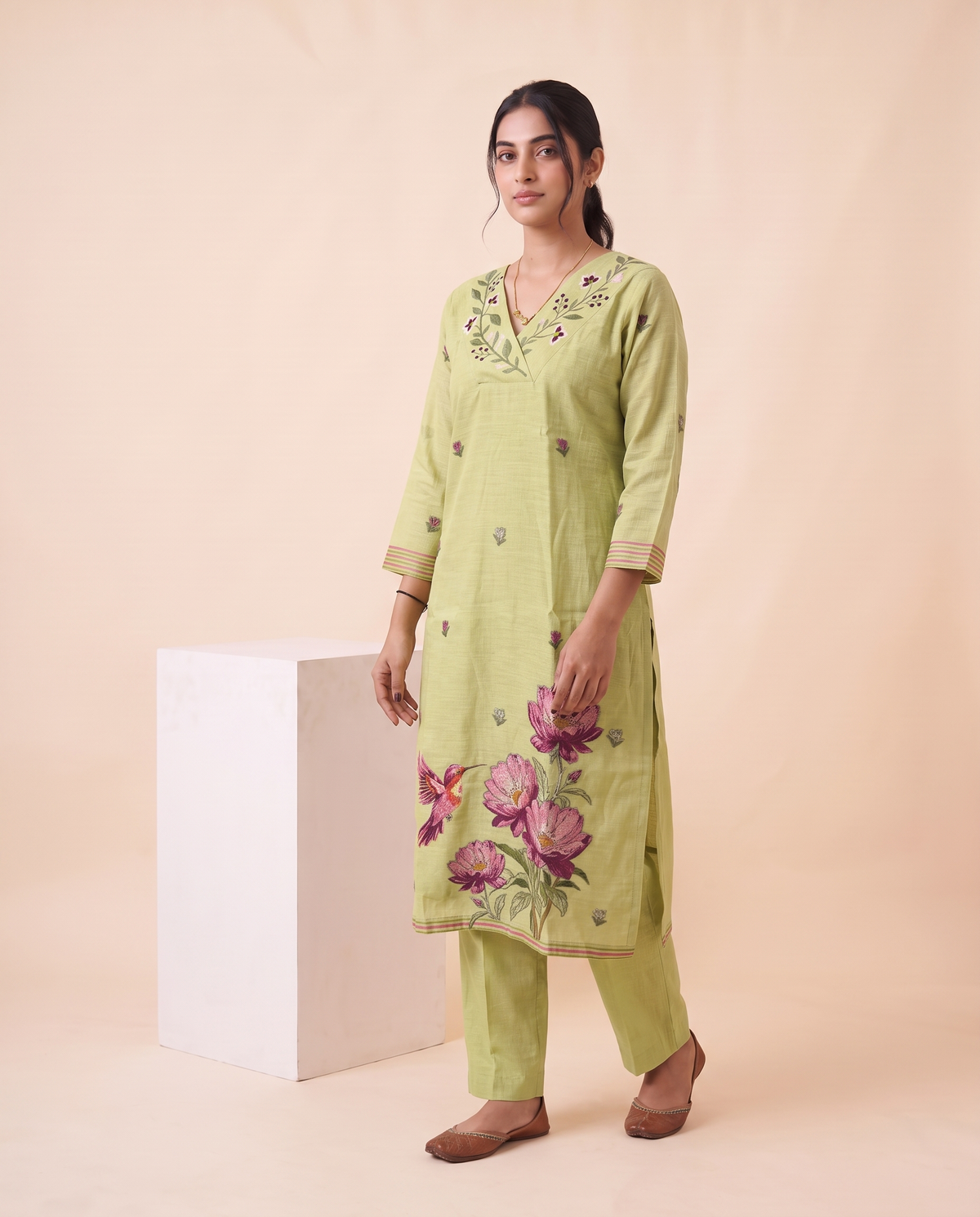 Quiet Bloom Green Muga Cotton Stitched Suit Sets