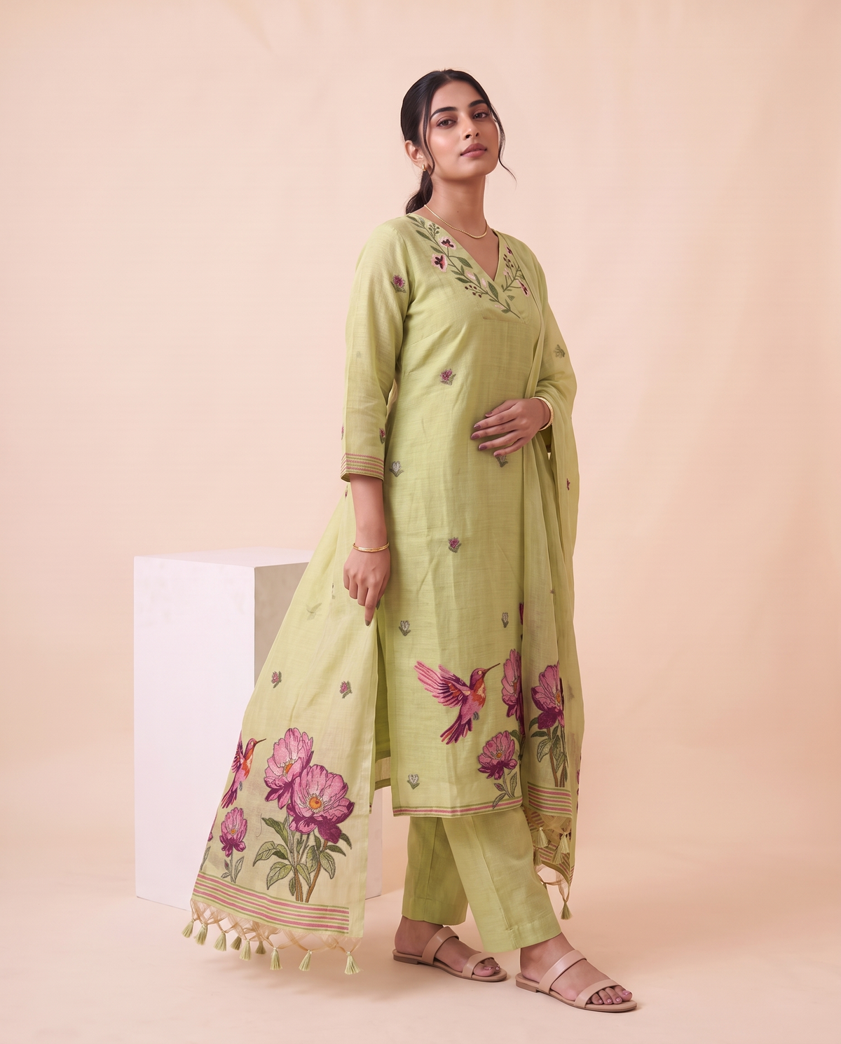 Quiet Bloom Green Muga Cotton Stitched Suit Sets