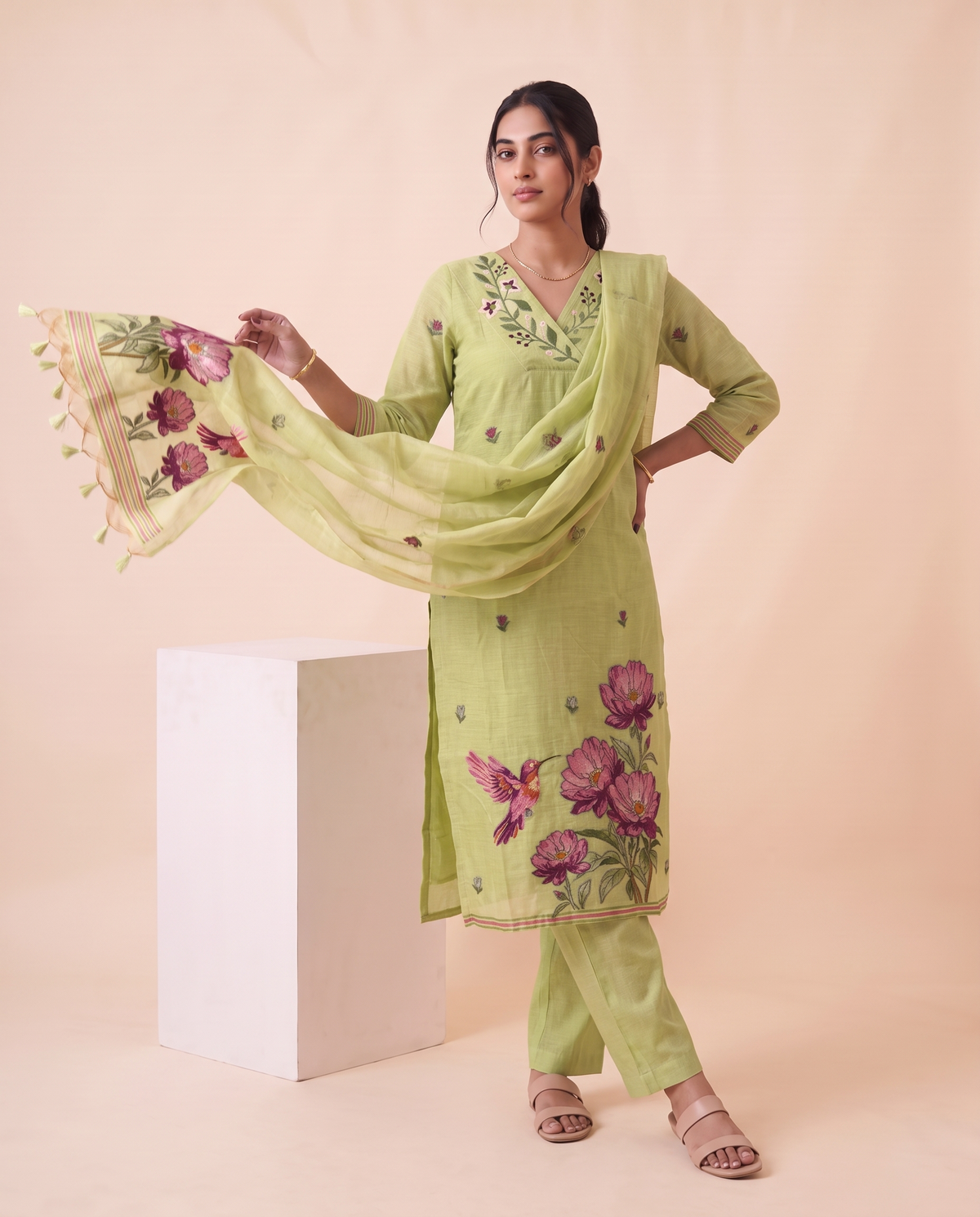 Quiet Bloom Green Muga Cotton Stitched Suit Sets