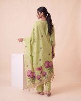 Quiet Bloom Green Muga Cotton Stitched Suit Sets