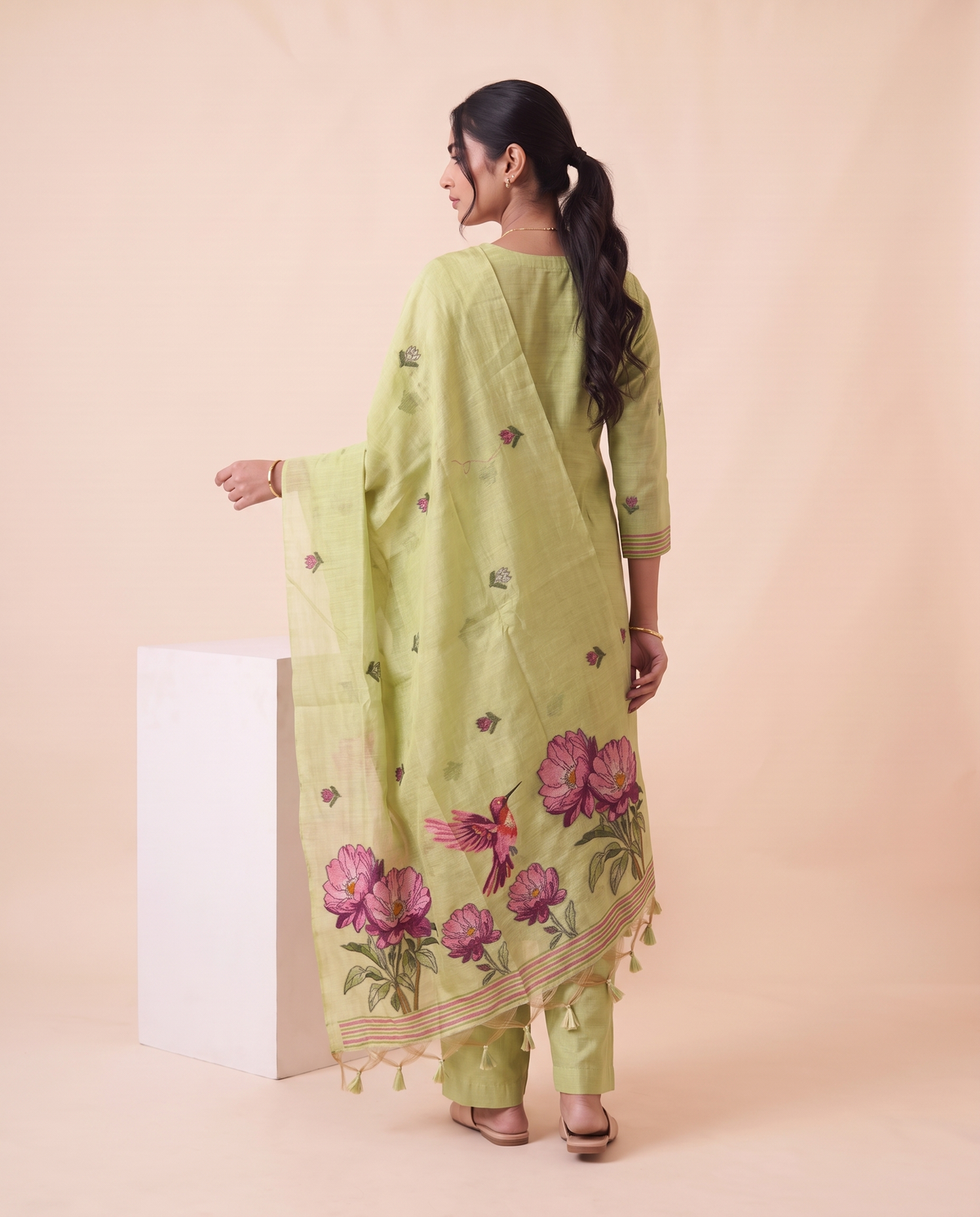 Quiet Bloom Green Muga Cotton Stitched Suit Sets