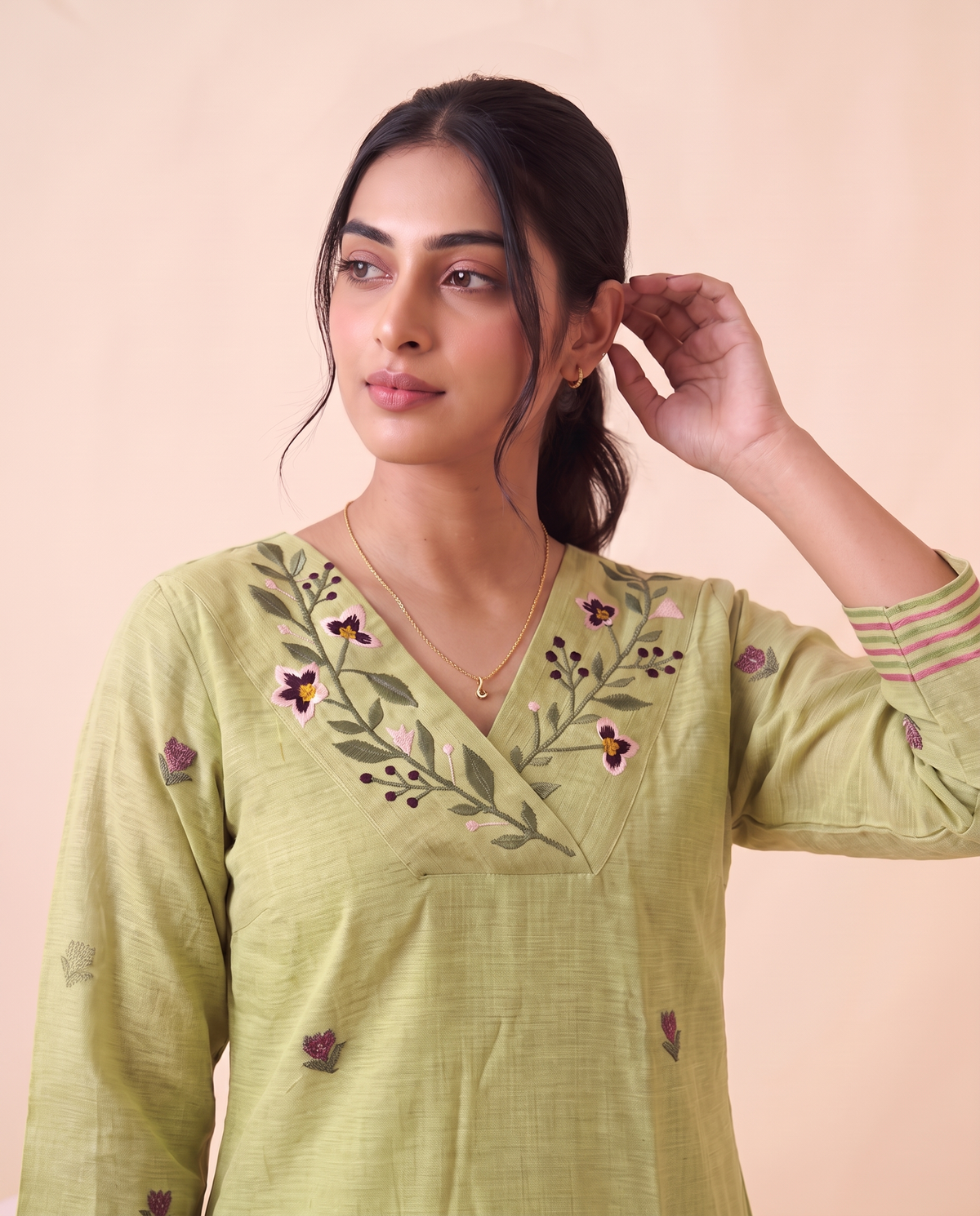 Quiet Bloom Green Muga Cotton Stitched Suit Sets