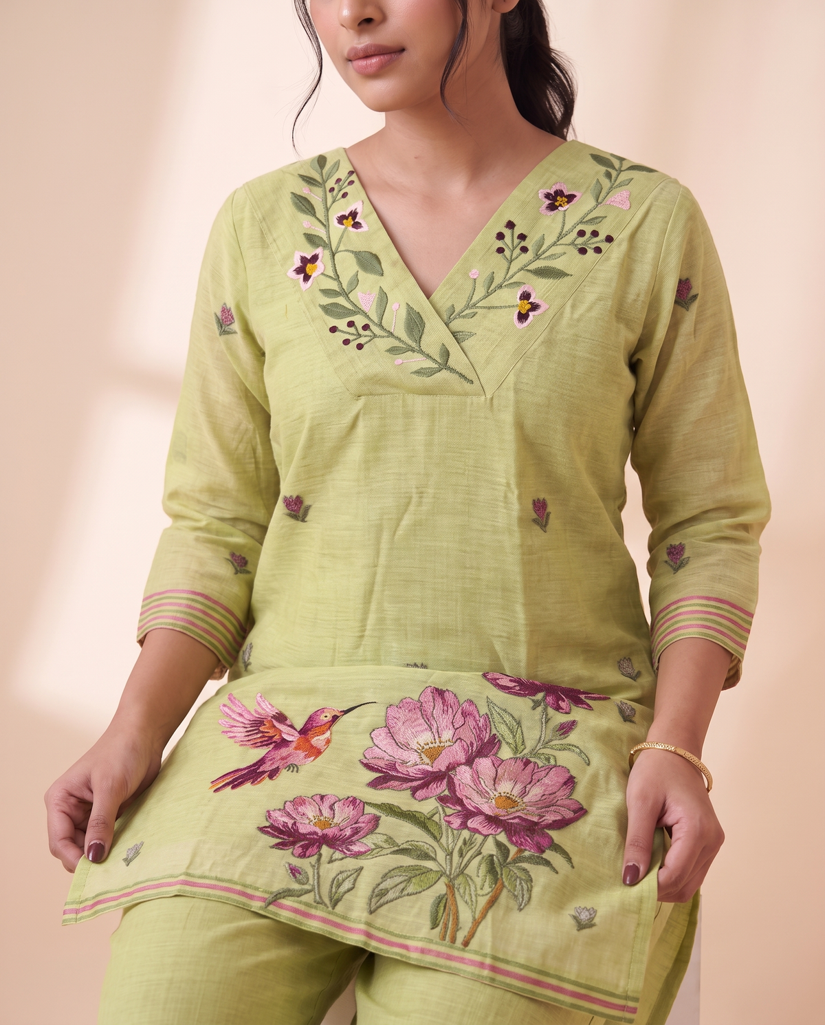 Quiet Bloom Green Muga Cotton Stitched Suit Sets