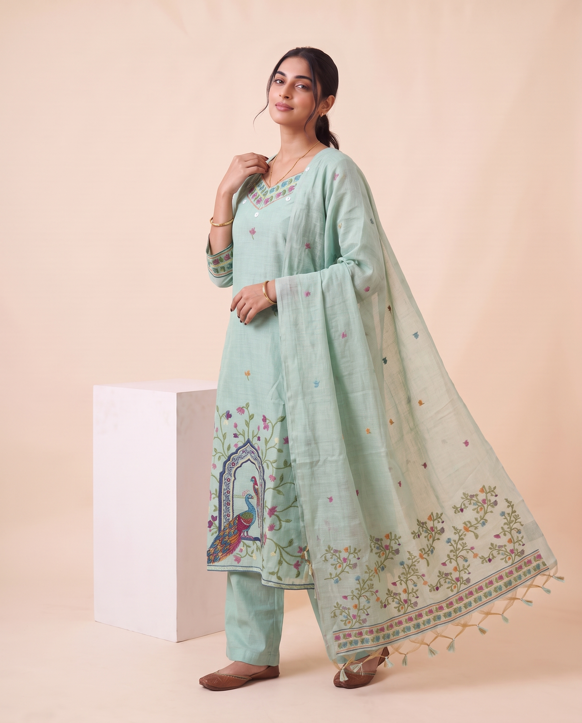 Amoura Light Blue Muga Cotton Stitched Suit Sets