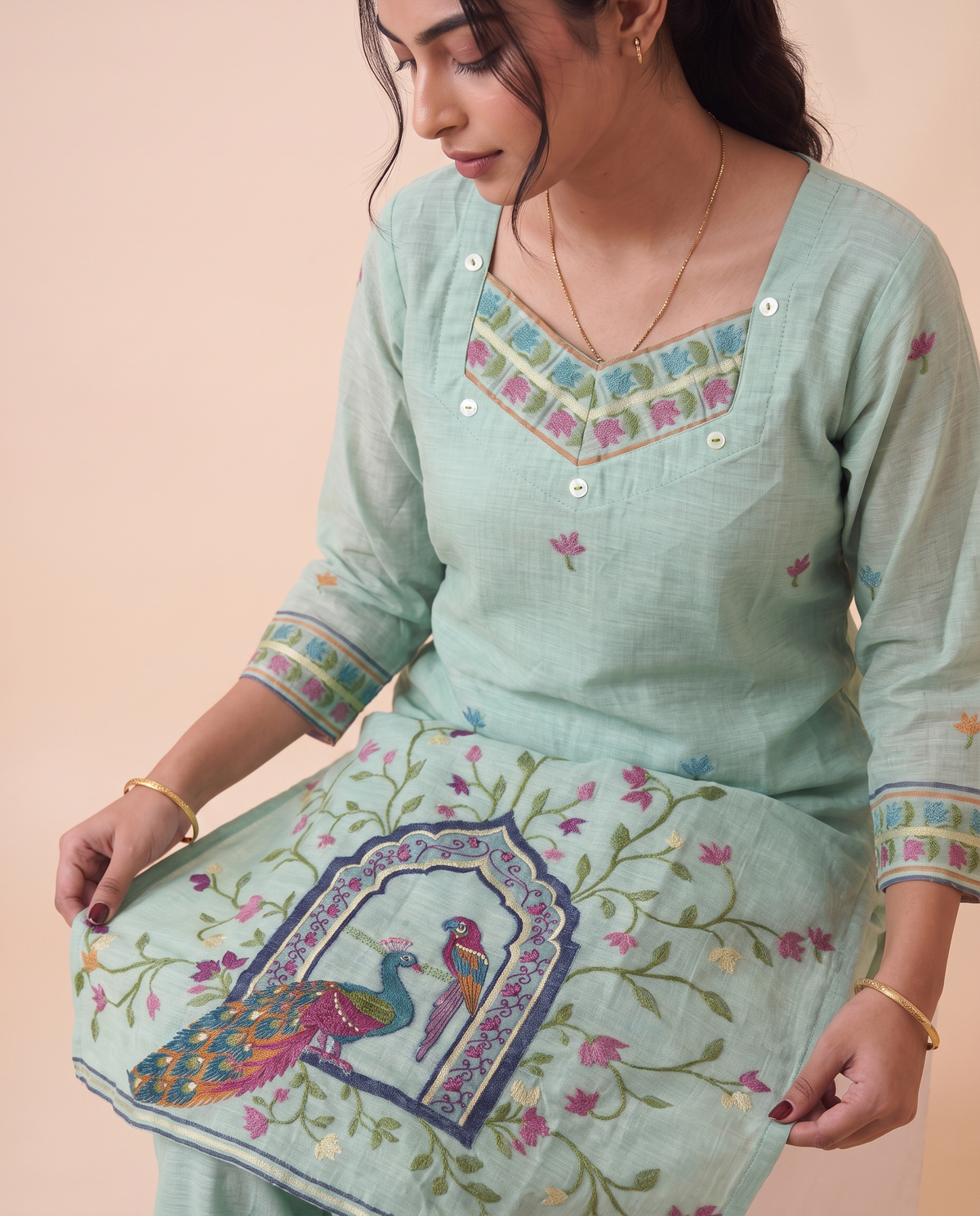 Amoura Light Blue Muga Cotton Stitched Suit Sets