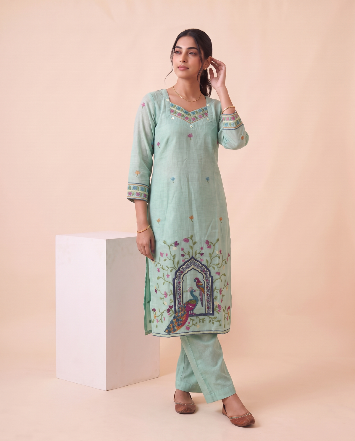 Amoura Light Blue Muga Cotton Stitched Suit Sets
