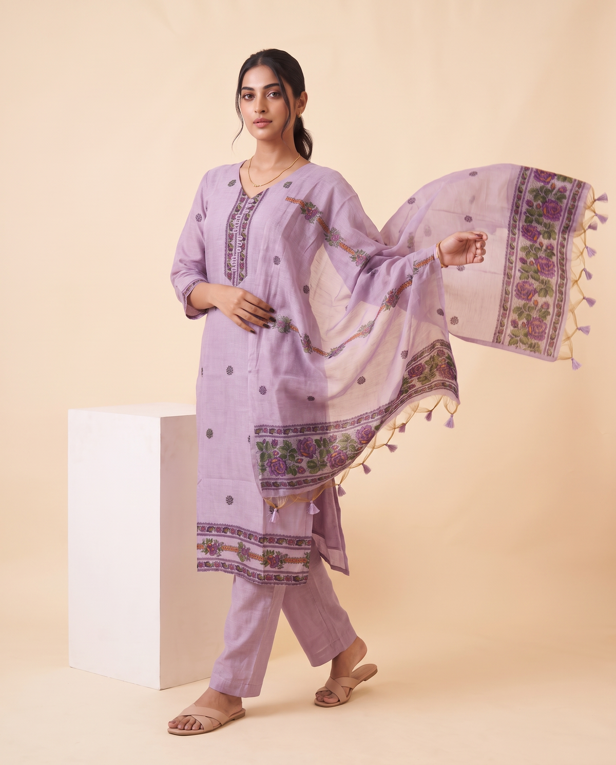 Elowen Lavender Muga Cotton Stitched Suit Sets