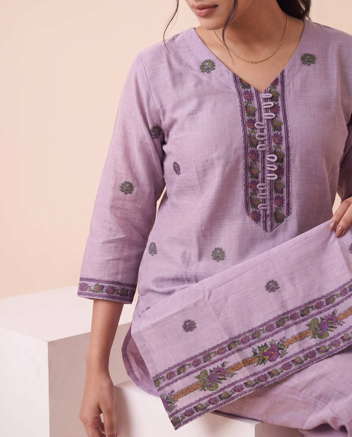Elowen Lavender Muga Cotton Stitched Suit Sets