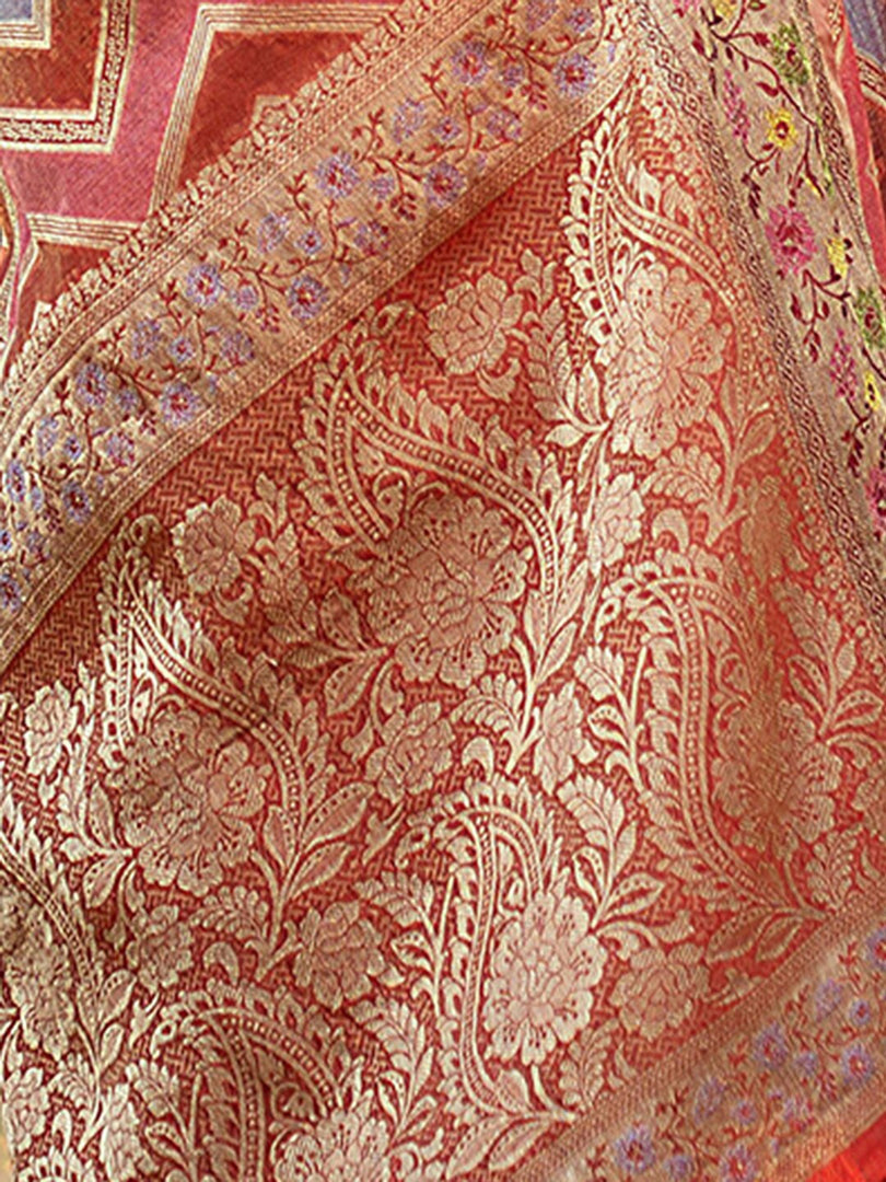 Rangkat Safron Orange Leheriya Design Banarasi Organza Saree